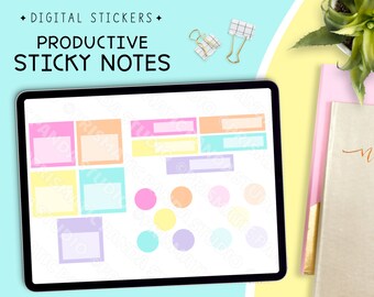 May include: Digital stickers for productivity, featuring colorful sticky notes and circles in various pastel colors. The text "DIGITAL STICKERS" and "PRODUCTIVE STICKY NOTES" is displayed on a blue background.