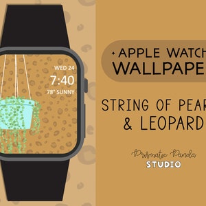 Op de afbeelding: Apple Watch-scherm met een luipaardprint achtergrond en een parelsnoerplant die van boven hangt. De tijd is 7:40 en de datum is wo 24. De temperatuur is 78 graden en het is zonnig.
