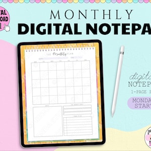 May include: A digital monthly planner notepad with a colorful background. The notepad has a calendar grid, a notes section, and a to-do list. The text "THE Monthly PLAN" is at the top of the notepad.