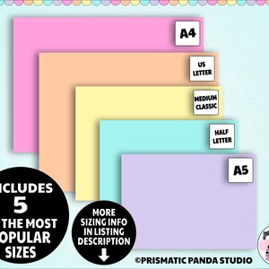 May include: Five different sizes of colored paper sheets, including A4, US Letter, Medium Classic, Half Letter, and A5. The paper is arranged in a stack, with the largest sheet at the bottom and the smallest sheet at the top. The text "INCLUDES 5 OF THE MOST POPULAR SIZES" is written in a black circle on the left side of the image. The text "MORE SIZING INFO IN LISTING DESCRIPTION" is written in a black circle on the right side of the image. The text "PRISMATIC PANDA STUDIO" is written in black at the bottom of the image.