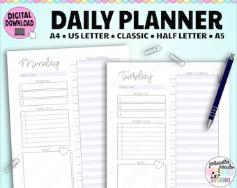 May include: A printable daily planner with two pages, one for Monday and one for Tuesday. Each page has sections for today's date, priorities, things to do, and notes. The planner is designed for A4, US Letter, Classic, Half Letter, and A5 sizes.