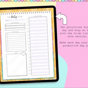 May include: Digital daily planner with a spiral binding, featuring sections for today's schedule, to-do list, and notes. The planner has a watercolor-style border and includes the text "The Daily Plan". The background is a mix of pastel colors.
