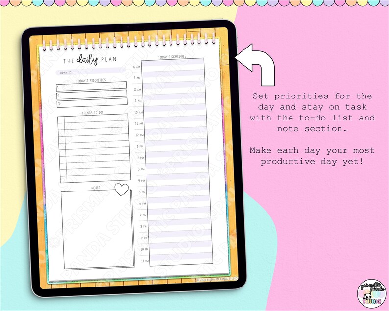 May include: Digital daily planner with a spiral binding, featuring sections for today's schedule, to-do list, and notes. The planner has a watercolor-style border and includes the text "The Daily Plan". The background is a mix of pastel colors.
