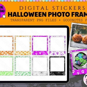 May include: Set of eight digital Halloween photo frames with different designs. The frames feature pumpkins, skulls, and spiderwebs. The frames are transparent PNG files and can be used in Goodnotes.