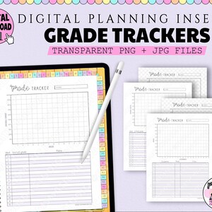 Könnte beinhalten: Digitale druckbare Noten-Tracker-Planer-Einlagen. Vier schwarz-weiße Noten-Tracker-Seiten mit dem Text "Grade Tracker" auf jeder Seite. Die Seiten befinden sich auf einem violetten Hintergrund. Das Bild zeigt auch ein digitales Tablet mit einer Noten-Tracker-Seite auf dem Bildschirm.