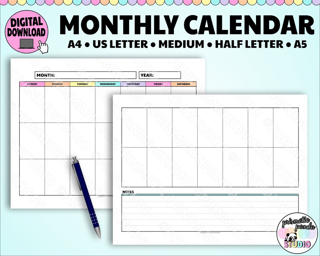 Monthly Calendar Template Undated | 2-page Spread | Printable Agenda ...
