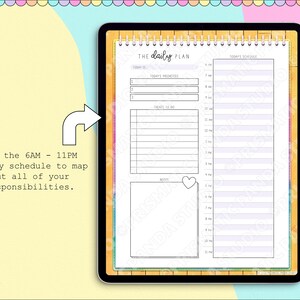 May include: Digital daily planner on a tablet. The planner features sections for today's priorities, to-do list, and schedule from 6 AM to 11 PM. The text on the planner reads "The Daily Plan". The background is a mix of pastel colors.