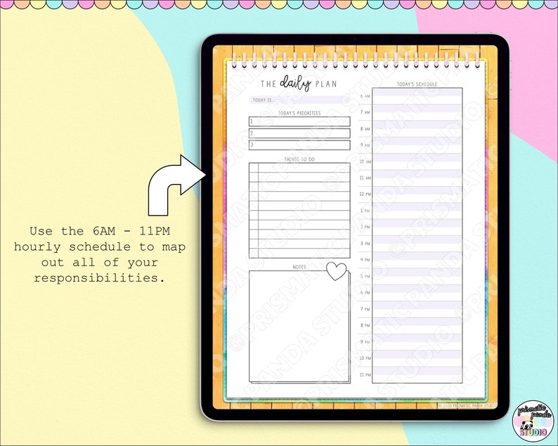 May include: Digital daily planner on a tablet. The planner features sections for today's priorities, to-do list, and schedule from 6 AM to 11 PM. The text on the planner reads "The Daily Plan". The background is a mix of pastel colors.