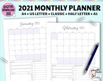 2021 Monthly Planner Printable | Monthly Calendar | Month on 1 Page | HP Classic Printable Insert | A5 Insert | Half Letter | US Letter Size