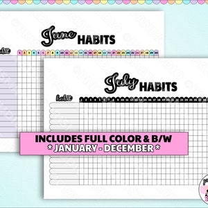 May include: Black and white printable habit tracker for June and July. The tracker includes a grid with 31 days and space for habit names. The text "June Habits" and "July Habits" is in a bold, black, cursive font.