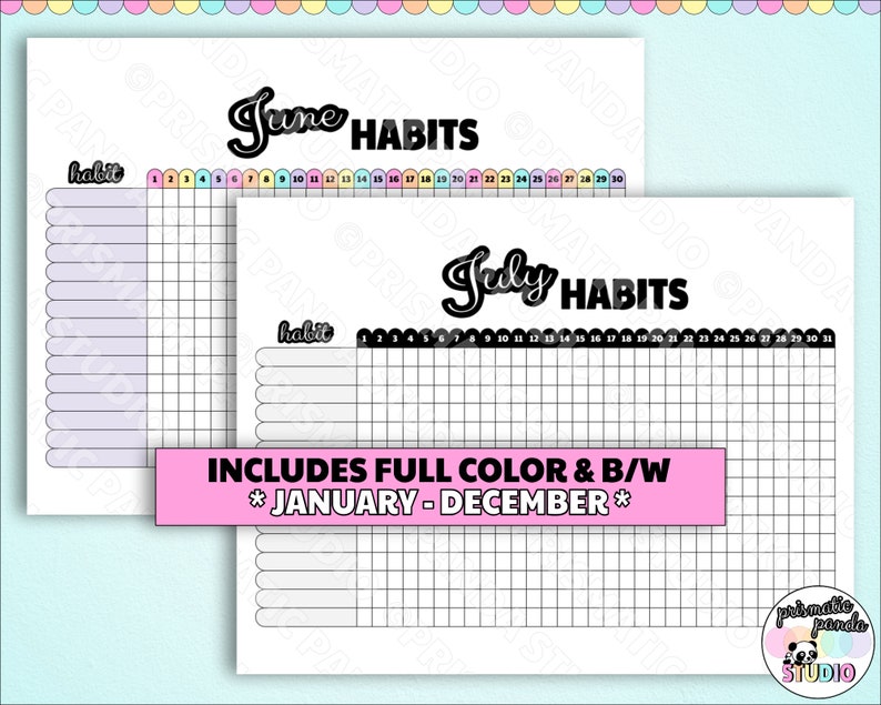 May include: Black and white printable habit tracker for June and July. The tracker includes a grid with 31 days and space for habit names. The text "June Habits" and "July Habits" is in a bold, black, cursive font.