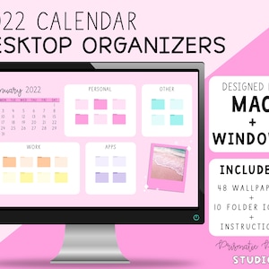 Pink Desktop Organizer Wallpapers | Monthly Calendar 2022 Desktop Organizers | Custom Folder Icons | Mac + Windows