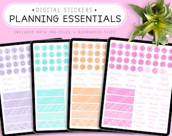 May include: Four digital planner sticker sets with different color schemes. The sets include monthly calendar stickers, weekly planner stickers, and various other stickers. The stickers are designed for use in digital planners and note-taking apps.
