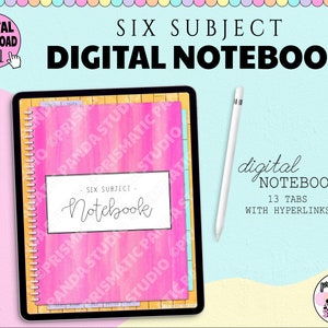 May include: A digital notebook with a pink and white cover. The notebook has 13 tabs with hyperlinks. The text "Six Subject Notebook" is written on the cover.