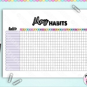May include: A printable habit tracker for the month of May. The tracker has a grid with 31 columns representing each day of the month and rows for different habits. The text "May HABITS" is at the top of the page.