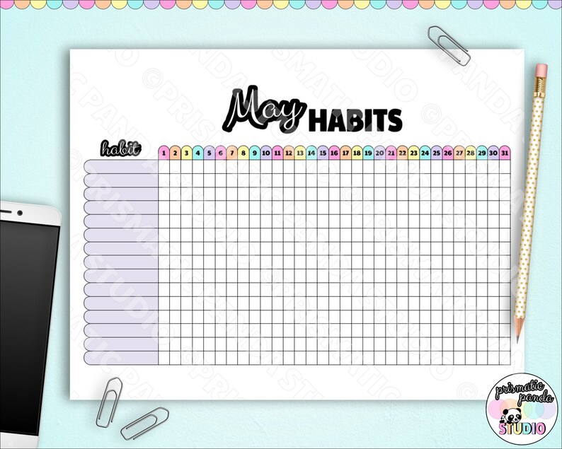 May include: A printable habit tracker for the month of May. The tracker has a grid with 31 columns representing each day of the month and rows for different habits. The text "May HABITS" is at the top of the page.