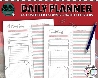 May include: A printable daily planner with two pages, Monday and Tuesday. The pages are designed with a pink and blue striped background and include sections for today's date, priorities, things to do, and notes.