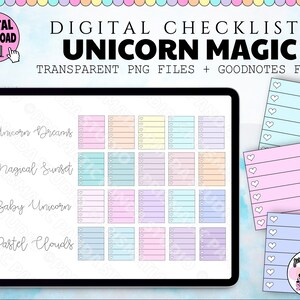 May include: Digital checklist stickers with a unicorn theme. The stickers are in pastel colors and have a heart shape at the top. The stickers are labeled "Unicorn Dreams", "Magical Sunset", "Baby Unicorn", and "Pastel Clouds".