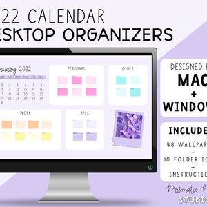 Organisateurs de papier peint de bureau violet | Organisateurs de bureau du calendrier mensuel 2022 | Icônes de dossier personnalisées | Mac + Windows