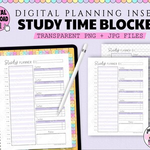 May include: A digital printable study planner with a purple and white design. The planner has a section for time blocking and a section for notes. The planner is labeled "Study Planner".