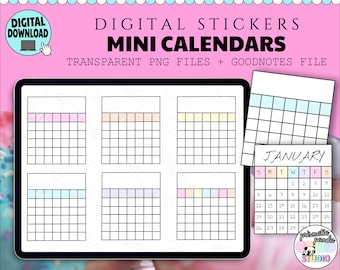 May include: Set of five digital planner stickers featuring mini calendars with pastel colored borders. The calendars are for January and have a grid layout with days of the week labeled. The stickers are transparent PNG files and include a Goodnotes file.
