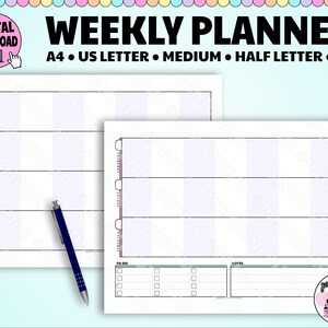 May include: Printable weekly planner in A4, US Letter, Medium, Half Letter, and A5 sizes. The planner has a light purple background with vertical lines and a to-do list and notes section.