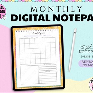May include: A digital monthly planner notepad with a yellow and orange background. The notepad has a calendar grid, a notes section, and a to-do list. The text "THE Monthly PLAN" is at the top of the notepad.