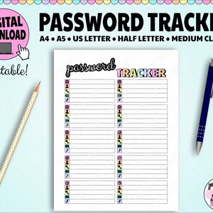 Op de afbeelding: Een afdrukbare wachtwoordtracker met een kleurrijk ontwerp. De tracker heeft secties voor website, gebruikersnaam, wachtwoord en notities. De tekst "password TRACKER" staat bovenaan de pagina.