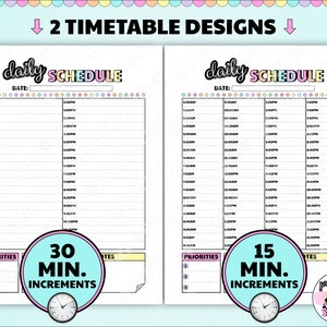 Daily Schedule Printable | 15, 30 Minute Increment Timetable | Colorful ...