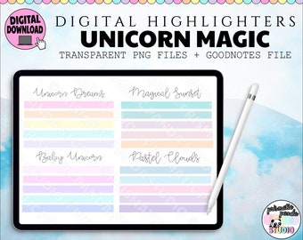 May include: Digital highlighter set with a unicorn theme. The set includes four different color palettes: Unicorn Dreams, Magical Sunset, Baby Unicorn, and Pastel Clouds. The colors are pastel and include pink, blue, yellow, and purple. The set is designed for use with Goodnotes.