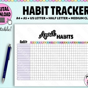 May include: Printable habit tracker for the month of April. The tracker has a grid with 30 columns for each day of the month and 15 rows for different habits. The text "April Habits" is written in a colorful font at the top of the tracker.