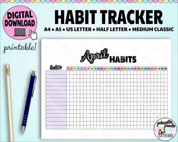 Habit Tracker | Monthly Challenge Log | Printable Planner Insert | Goal Tracker | Healthy Habit List | US Letter, A5, Multiple Sizes