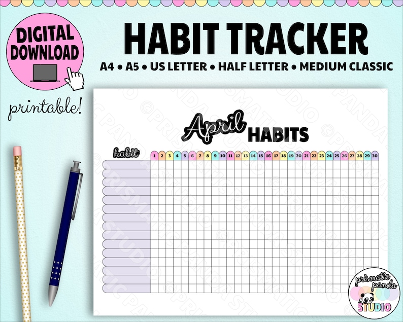 May include: Printable habit tracker for the month of April. The tracker has a grid with 30 columns for each day of the month and 15 rows for different habits. The text "April Habits" is written in a colorful font at the top of the tracker.