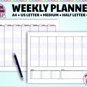 May include: A printable weekly planner in black and white with a light purple background. The planner has a section for each day of the week, a to-do list, and a notes section. The planner is available in A4, US Letter, Medium, Half Letter, and A5 sizes.