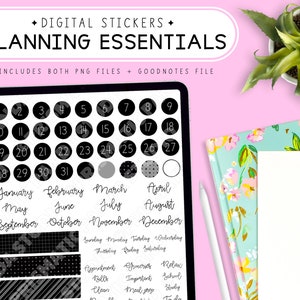 Digital Planner Stickers Pre-Cropped, Black | Days Months Dates Stickers | Daily Stickers | Planning Essentials | Goodnotes Stickers