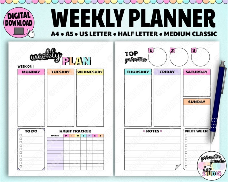 Weekly Planner Printable 2 Page Layout Spread Rainbow Etsy