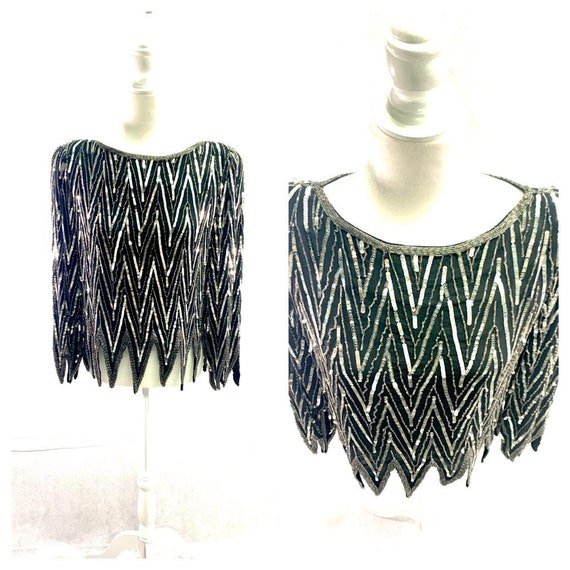 St. Honore Vintage Sequin Beaded Silk Shirt Blouse