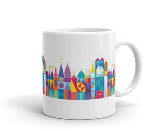 White glossy mug, its a small world mug, Mary Blair mug, colorful mug, happy mug, tea cup, Disneyland mug, Disney World mug