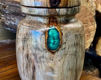 Hand Crafted Spalted Camphor Wood Vessel with Lid & Metallic Resin  Inlay