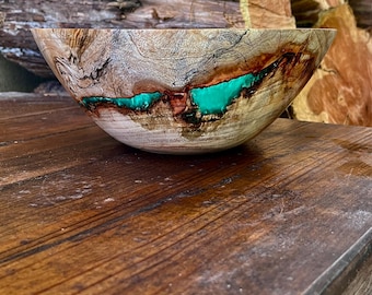 Handturned Spalted Camphor Wood Bowl with Emerald Green Resin Inlay
