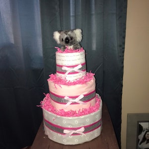 Pink and Silver Girl Koala 3-Tier Diaper Cake Baby Gift or Baby Shower Decoration