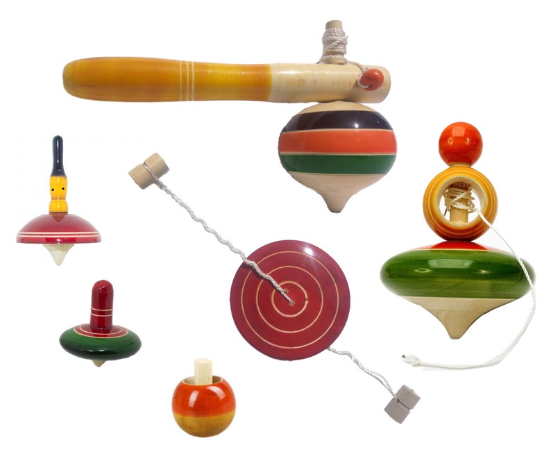 Wooden Spinning Tops Collection Spindle Top Pull String Top Etsy