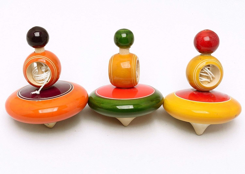 Wooden Spinning Tops Collection Spindle Top Pull String Top Etsy