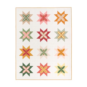 May include: A quilt with a repeating pattern of 12 star-shaped blocks. Each block features a different color combination of red, orange, yellow, green, and blue. The quilt is made with a white background and a gold border.