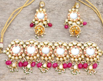 Necklace Set Indian Bridal Jewelry Sparkly AC kundan choker Ahmedabadi Necklace set with beautiful earring  Pakistani Jewelry