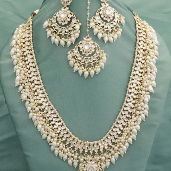 Eid Gift Bridal Pearls Necklace Boucles d'oreilles Tikka Set, Long Necklace Rani Haar Pearls Jewellery Set, Party Wear Necklace, Statement Set