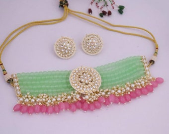 Kundan Choker Necklace Studs Set: Pink Beads Indian Bridal Jewelry