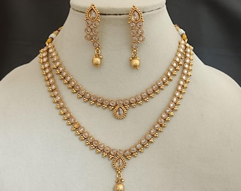 22ct Gold Plated Polki Necklace Earring Set: Indian Bridal Jewelry