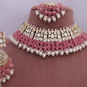 Bollywood Necklace Kundan Choker Bridal Necklace Earrings Tikka Set, Indian Bridal Choker Jewelry Set, Bridal Earrings Set, Punjabi Jewelry,