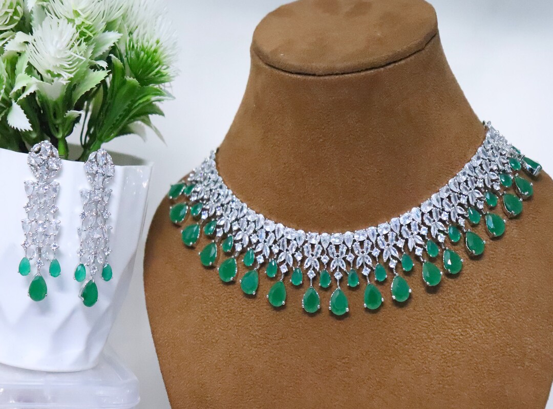 CZ Diamonds Emerald Necklace Earrings Set, Bridal Necklace Earrings ...